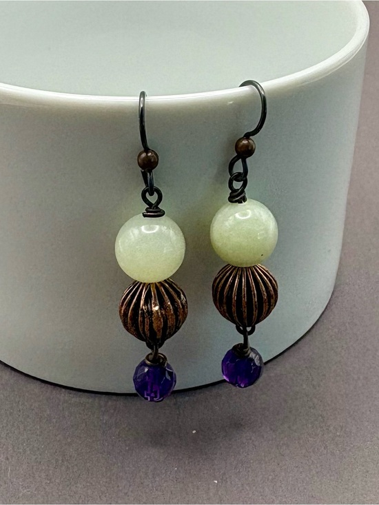 Jewelry - Handcrafted Green Jade & Purple Amethyst Drop Earrings with Copper Accents
